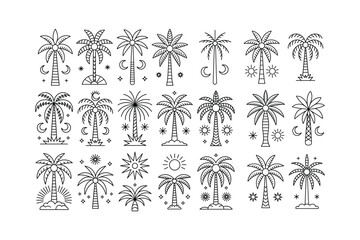 Black Line Art Icon Set Palm Trees Sun Moon Stars icons collection