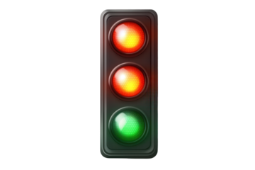 Bright traffic light displaying red, yellow, and green signals on a transparent background for clear visibility and use in design and digital applications