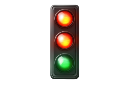 Bright traffic light displaying red, yellow, and green signals on a transparent background for clear visibility and use in design and digital applications