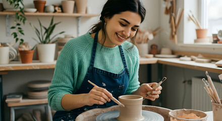 Happy female potter creating pottery in her workshop studio artisan craft hobby creative handmade art
