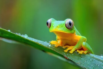 Obraz premium A green frog sitting on top of a green leaf