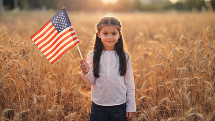 Girl holding American flag in wheat field on Independence Day, with warm summer light and patriotic mood.