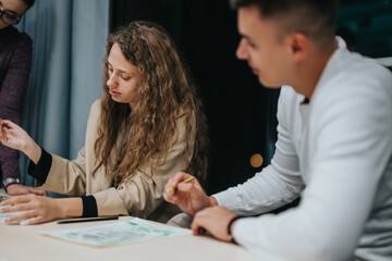 Two students engage in a collaborative classroom project, exchanging ideas and working closely together. The setting exudes a sense of focus, teamwork, and academic achievement.