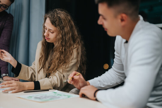 Two students engage in a collaborative classroom project, exchanging ideas and working closely together. The setting exudes a sense of focus, teamwork, and academic achievement.