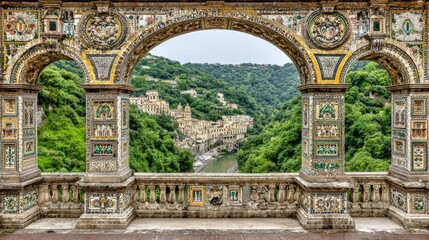 Obraz premium View from the open door of a baroque palace in the Dolomites with breathtaking forest and mountain landscapes under natural light
