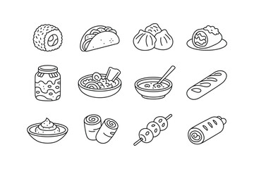 Black Line Food Icons Set Sushi Taco Dumplings Roll Jar Bowl Bread Dip Spring Rolls Skewers