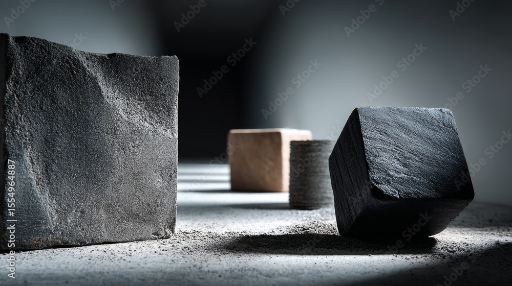 Poster minimal scene with three black and beige textured cubes in studio lighting for abstract object photo