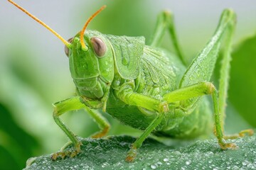 A green grasshopper sitting on top of a leaf covered in water droplets