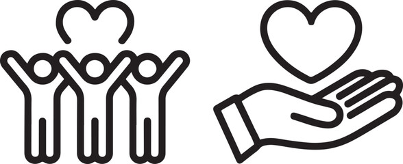 Icons Depicting Community Support and Caring Hands Symbolizing Love and Friendship with Graphic Representations of People and a Heart