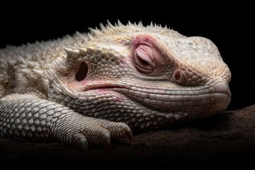 A close up of a bearded dragon on a black background