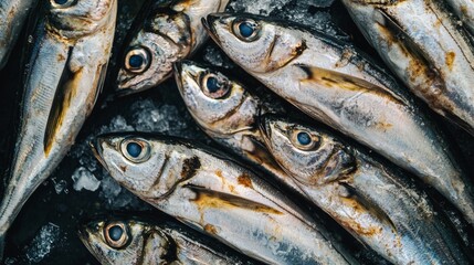 Fototapeta premium Fresh sardines arranged in metallic texture for seafood background and culinary fish market food concept