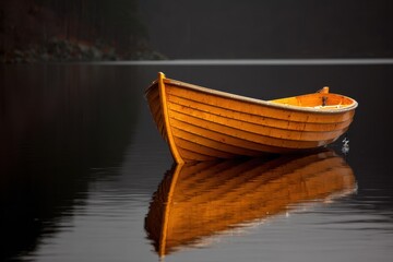 A small wooden boat floating on top of a lake