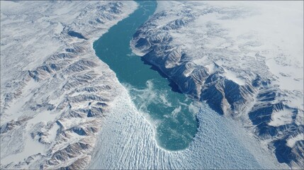 Vibrant turquoise river winds through pristine ice and snow, showcasing breathtaking aerial views of untouched nature