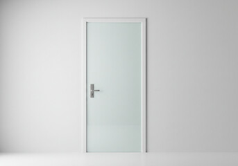 Frosted Glass Door: A minimalist frosted glass door with a sleek silver handle, set against a neutral wall, suggesting privacy and understated elegance.