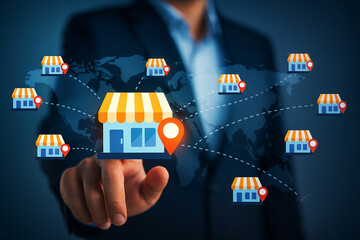 Businessman pointing at a global network of franchise stores connected on a world map