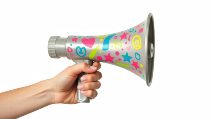 Hand holding colorful megaphone with playful designs  