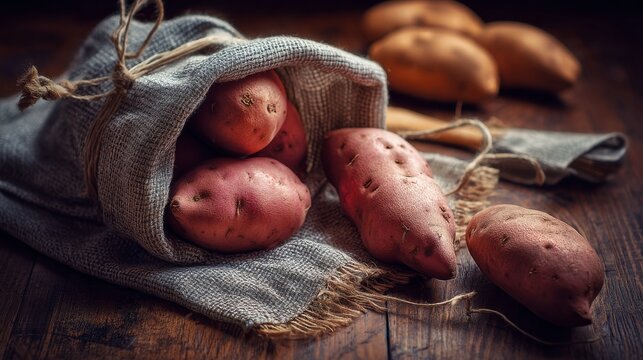 Burlap sack of red potatoes on rustic fabric with soft light for organic root vegetable food photography concept layout - Powered by Adobe