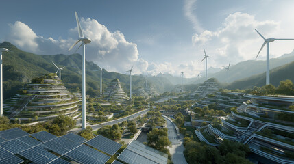 Futuristic renewable energy landscape.