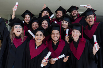 young Latin graduates students group celebrating at University campus in Mexico Latin America,...