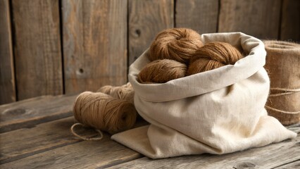 Natural brown wool bundled in a linen sack, rustic setting with wooden background