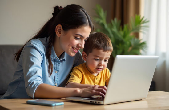caucasian mother and young child using laptop together at home. learning and bonding through technology. family interaction and digital literacy. parenting, educational poster