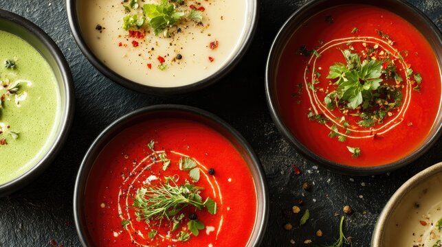 Creamy vegetable soups in minimalist bowls, a vibrant and wholesome culinary delight