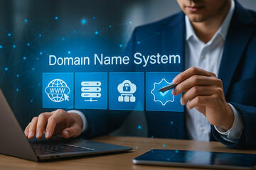 Businessman interacting with digital interface showing domain name system icons and network connections