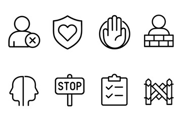 Vector illustration of security and protection icons featuring shields, barriers, and checklists
