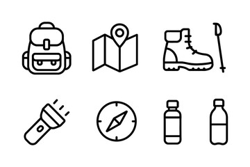 Essential camping gear icons for outdoor adventure enthusiasts, vector illustration