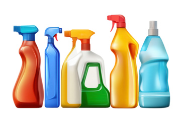 Collection of various cleaning products displayed on a transparent background showcasing different colors and bottle shapes in a household setting