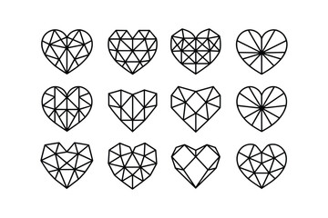 Geometric Black Heart Icons Set Line Art Style Valentines Day Design Elements hearts