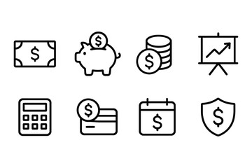 Personal finance icons set featuring money, savings, and budget concepts, vector illustration