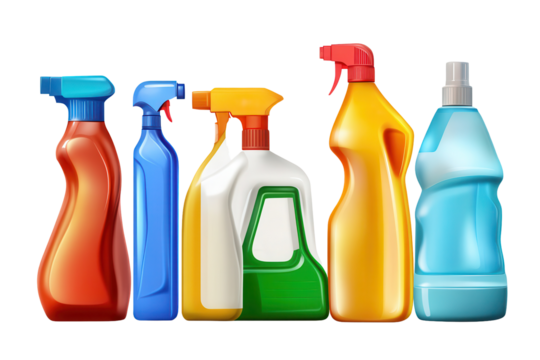 Collection of various cleaning products displayed on a transparent background showcasing different colors and bottle shapes in a household setting