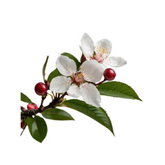 Naklejka premium Delicate White Blossoms and Red Berries on a Branch