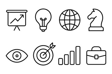 Business strategy and innovation icons set featuring chart, light bulb, globe, chess knight, eye, target, graph, briefcase, vector illustration