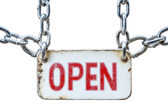 Sign indicates a business is open for customers with a red lettering on a white background hanging from a chain, promoting accessibility and service during operational hours