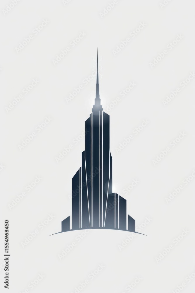 Poster artistic rendition of a skyscraper, simple gradient background, and smooth curved lines design.