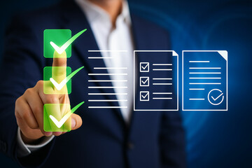 Businessman s finger touching digital checklist with completed tasks and approved document