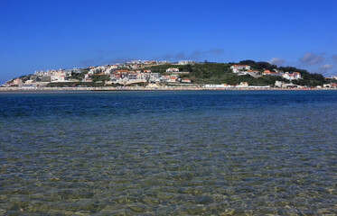 Portugal, Caldas de Rainha, Lagoa de Obidos or Obidos Lagoon and the holiday town of Foz do Arelho....