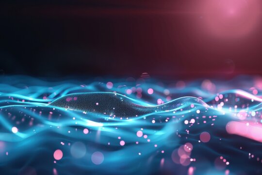 Abstract quantum computing landscape with glowing particles and neon wireframe