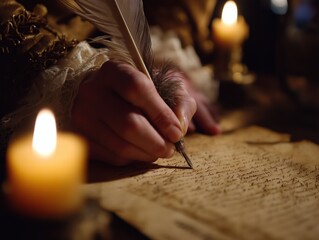 Declaration Signing Reenactment: Quill Pen and Parchment Close-Up with War Candle Lighting in Muted Tones - Raw Style Historical Asset for Textbooks