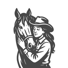 Cowgirl Hugging Horse - Western Love Vector Illustration