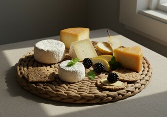 Gastronomic Dreams: Minimalist Cheese Board on a Woven Basket