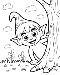 Obraz premium Mischievous elf peeking from behind a tree with clouds and plants creature fantasy