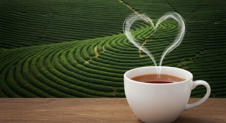 A white ceramic tea cup emits steam shaped like a heart, revealing a lush green tea plantation with curving paths, symbolizing a deep connection to nature.