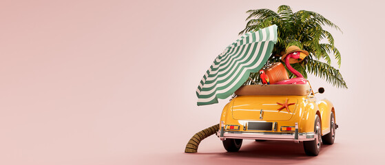 Orange car toy full of beach accessories ready for summer vacation. Summer travel concept background with copy space. 3D Rendering, 3D Illustration