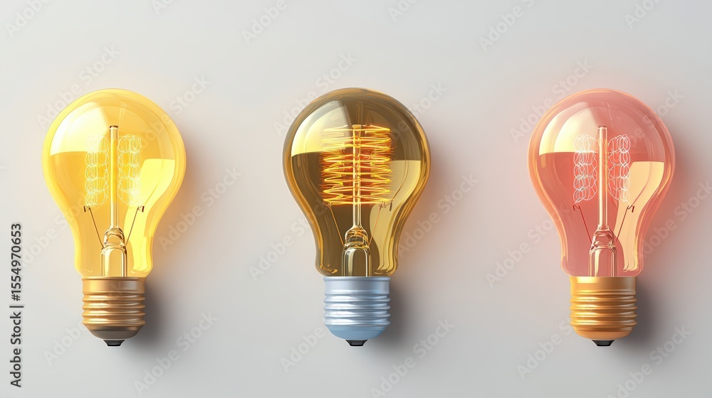 Poster three colorful light bulbs with different filament designs arranged in a row on a plain white backgr