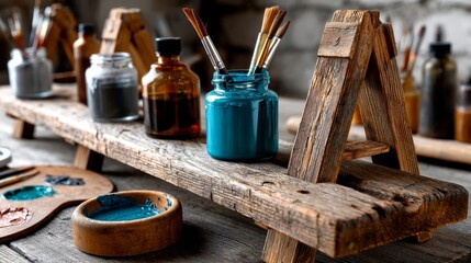 Artisan painting setup with brushes ink jars and wood table for creative studio photography and artist workspace layout