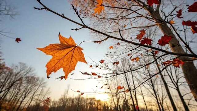 Vibrant autumn maple leaves in a sunny forest with bright red, yellow, and orange colors 4k horizental cenematic video footage
