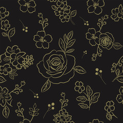 Luxury seamless floral pattern with golden rose and blossom line art on black background, perfect for elegant packaging and high-end branding.